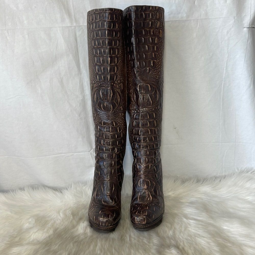 Max Azria Brown Two Tone Croc Leather Knee High Heeled Boots Sz 38.5/8.5